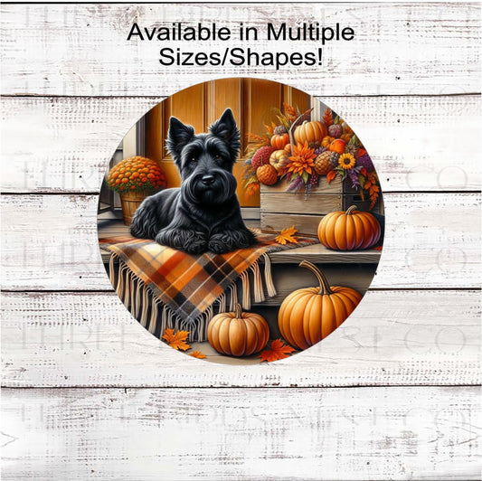 Fall Dog Wreath Sign, Scottish Terrier Dog, Pumpkins Sign, Welcome to Our Patch