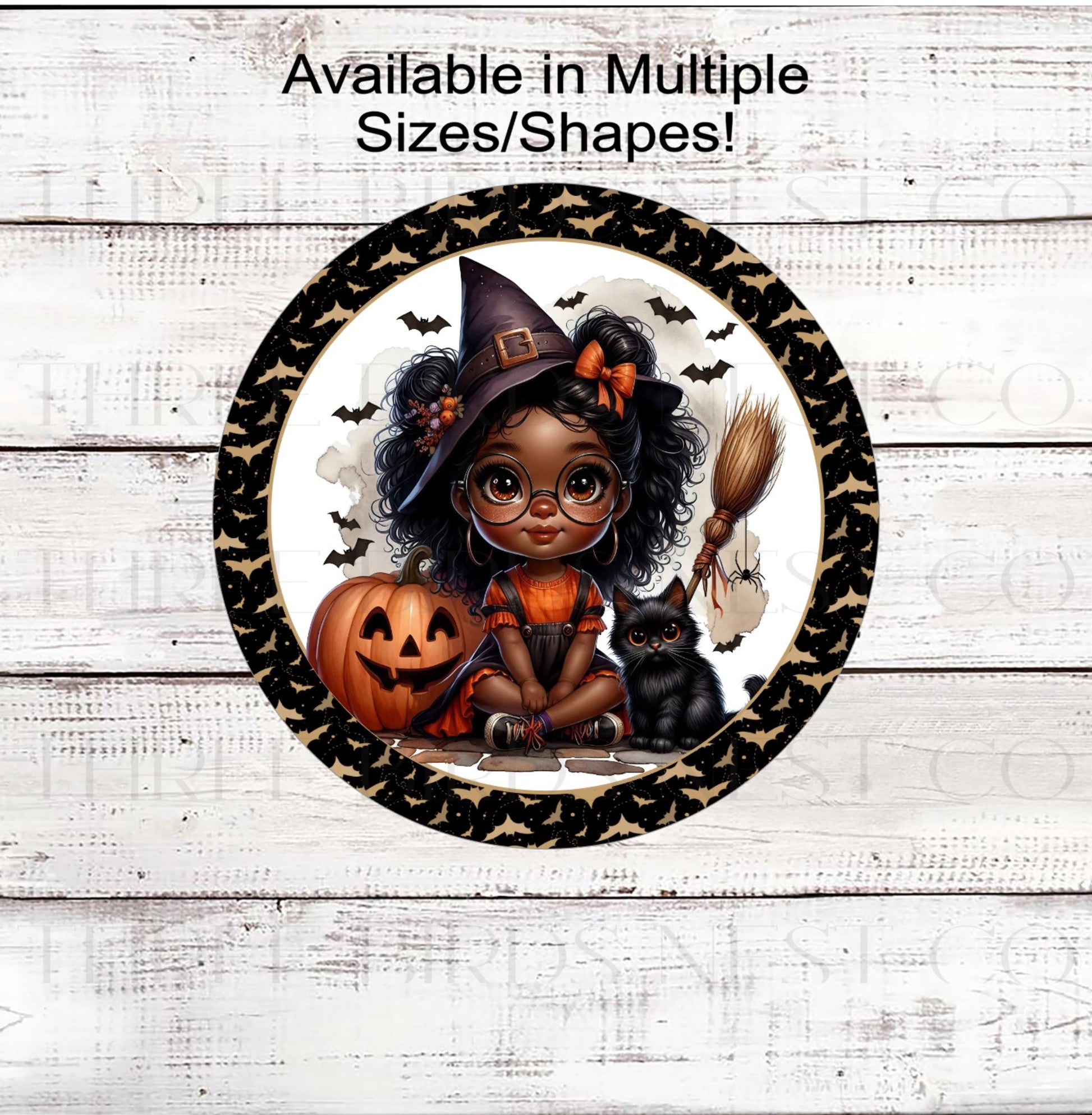 Halloween Wreath Sign, African American Witch, Black Cat Decor, Bats