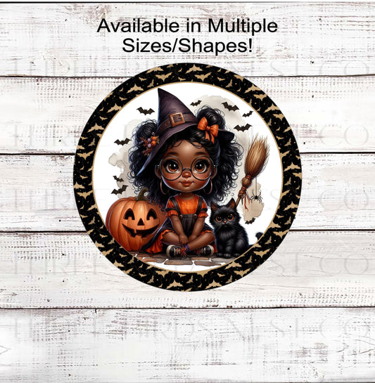 Halloween Wreath Sign, African American Witch, Black Cat Decor, Bats