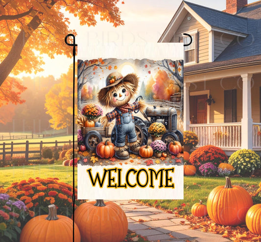 Fall Double-Sided Garden Flag, Scarecrow Decor, Autumn Pumpkins, Rustic Farmhouse, Tractor Decor