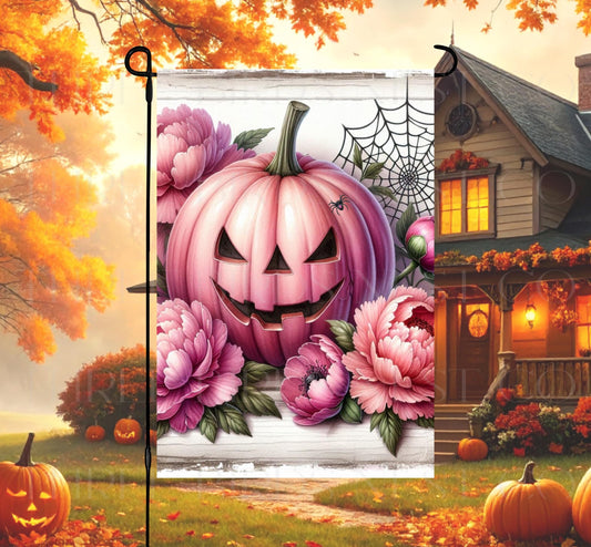Double-Sided Halloween Garden Flag: Jack O Lantern & Peony Flowers