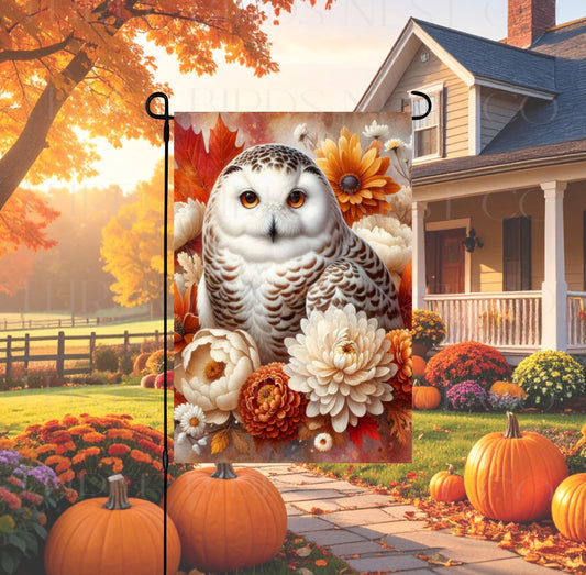 Fall Double-Sided Garden Flag, Snowy Owl Lover, Autumn Mums