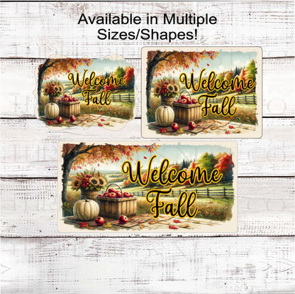 Welcome Fall Apple Basket Wreath Sign, Sunflowers and Pumpkin Decor- FT2161
