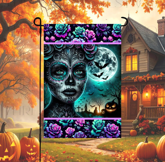 Halloween Double-Sided Garden Flag, African American Sugar Skull Lover, Roses