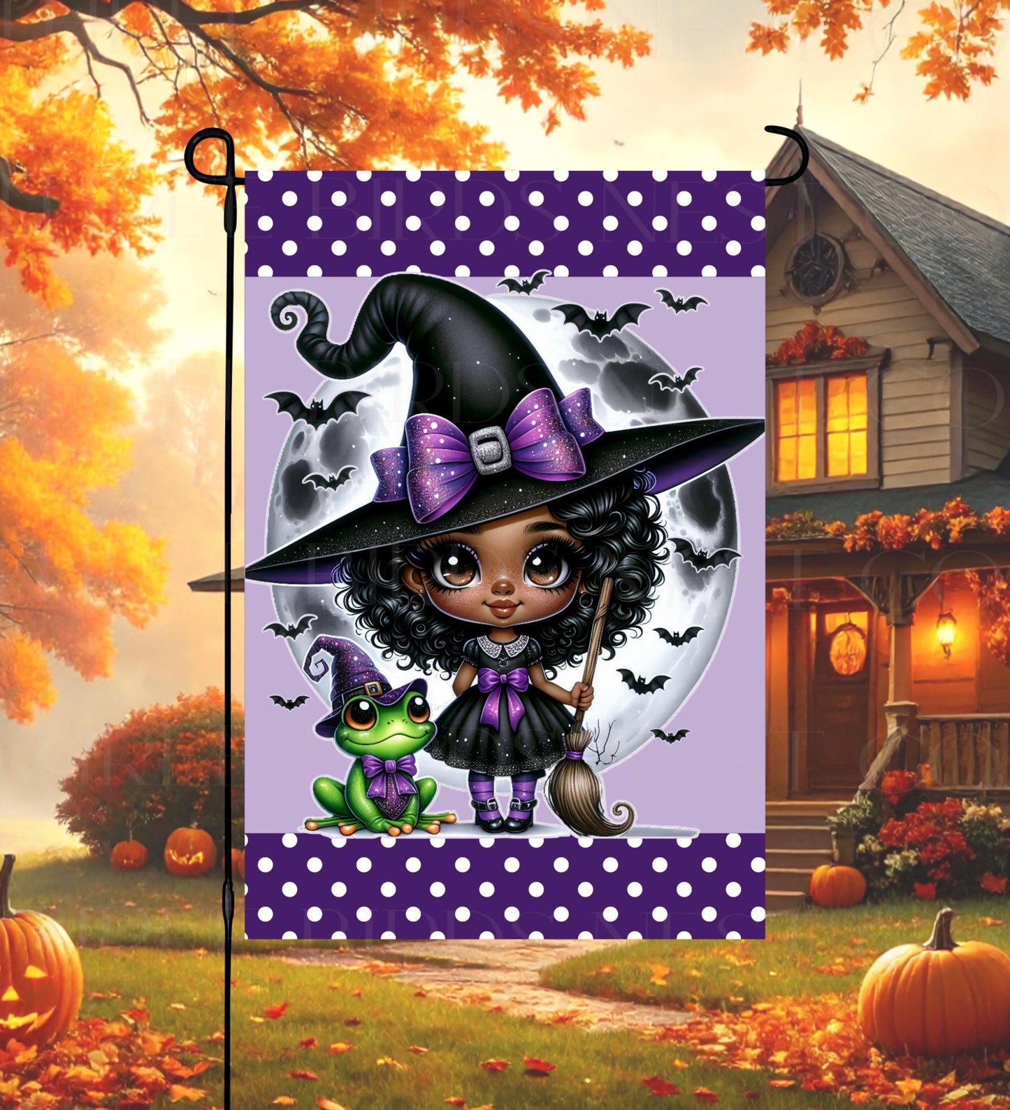 Halloween Double-Sided Garden Flag, Witch Lover, Frog Decor, African American Art