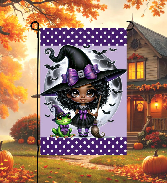 Halloween Double-Sided Garden Flag, Witch Lover, Frog Decor, African American Art