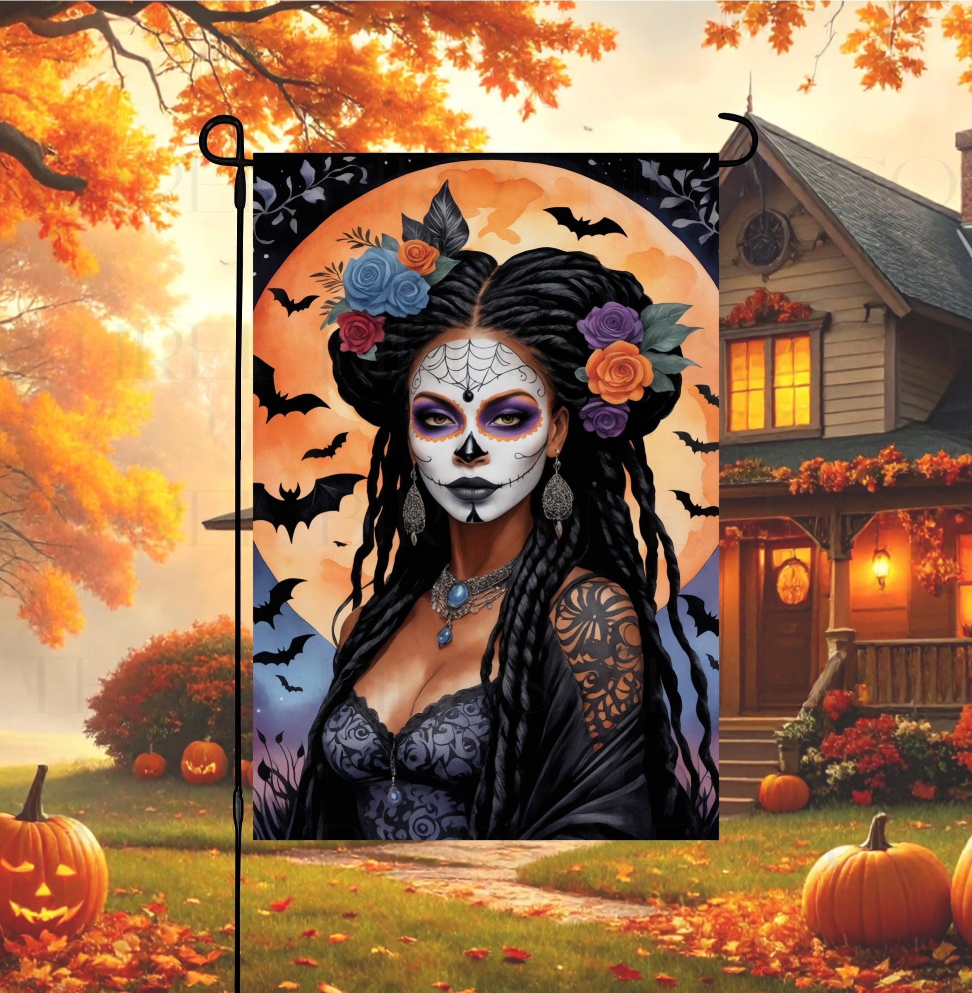 Halloween Double-Sided Garden Flag, Sugar Skull Lover, Day of the Dead, African American Art