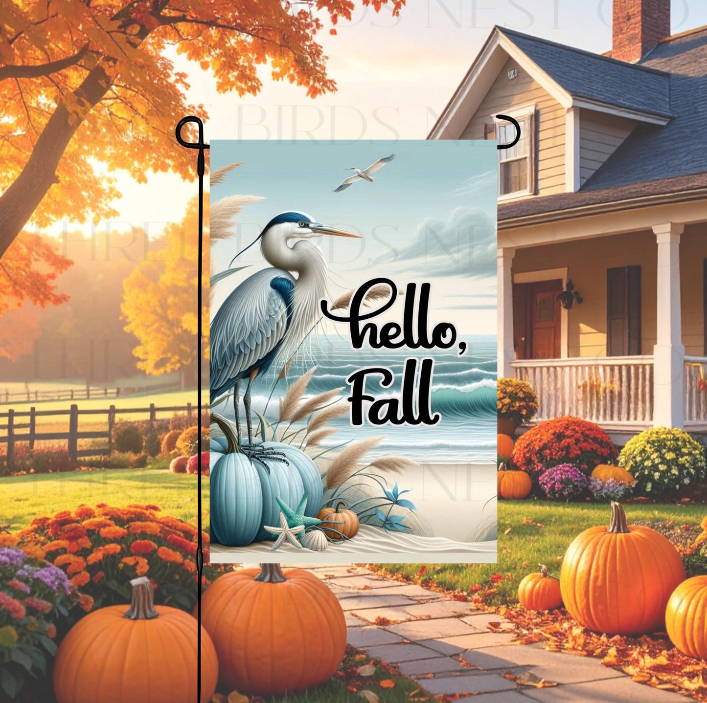 Fall Double-Sided Garden Flag, Beach Pumpkins, Great Blue Heron