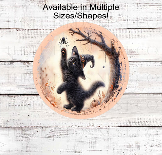Halloween Black Cat with Spider Wreath Sign- H2168
