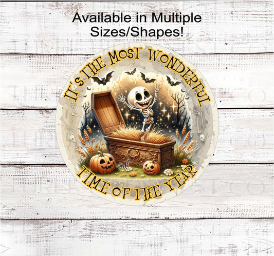 Halloween Skeleton Wreath Sign, Coffin Decor, USA Made Metal Sign