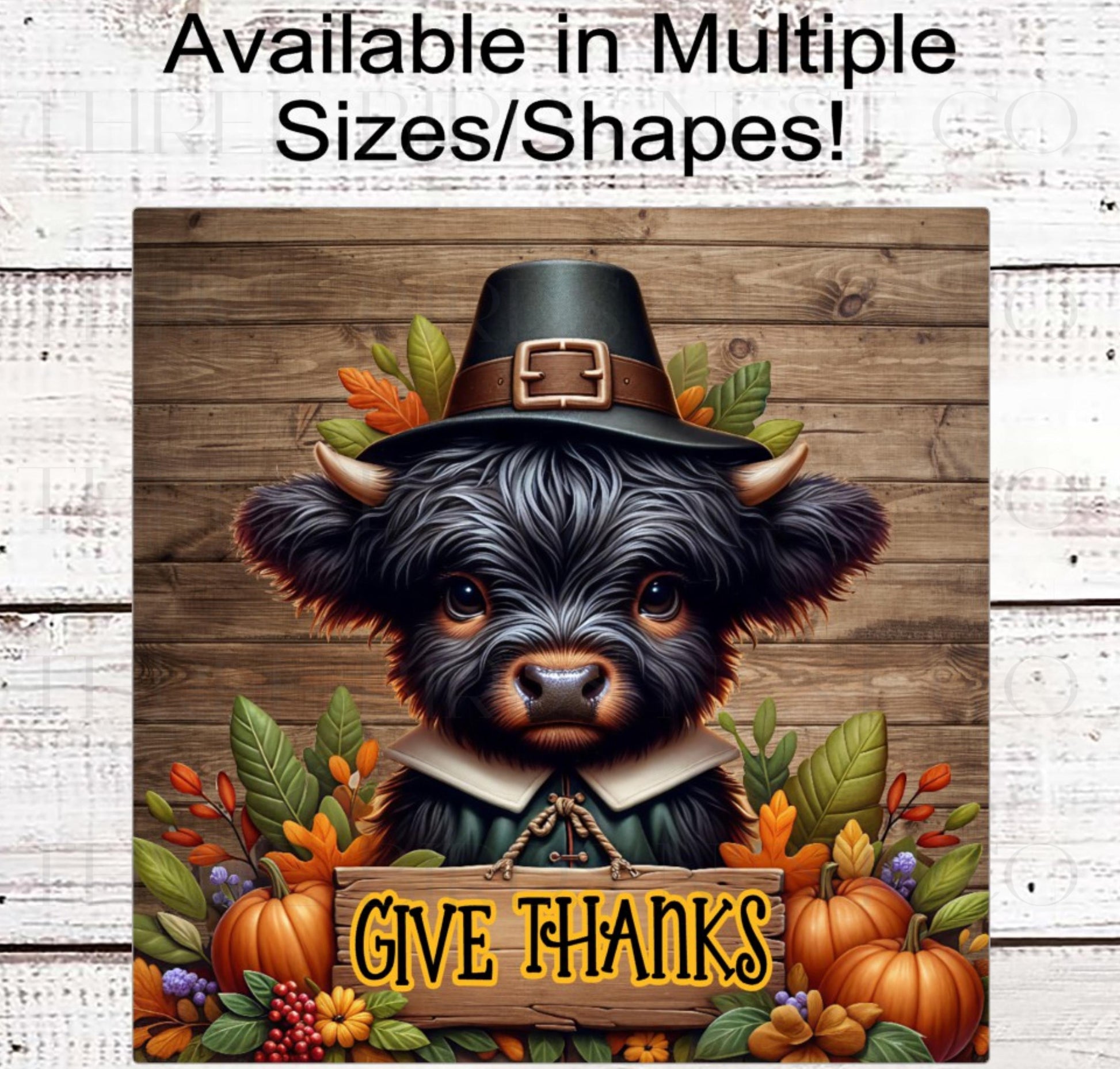 Fall Wreath Sign, Scottish Highland Cow, Give Thanks, Rustic Farmhouse, Thanksgiving Pigrim- FT2206