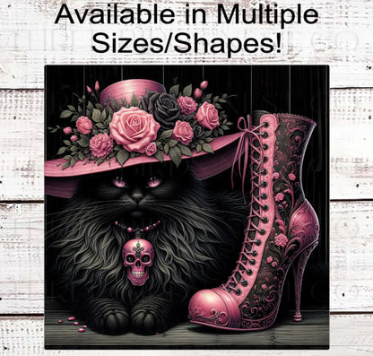 Halloween Wreath Signs, Black Cat Lover, Witch Boot, Roses Decor, Pink in October- H2211