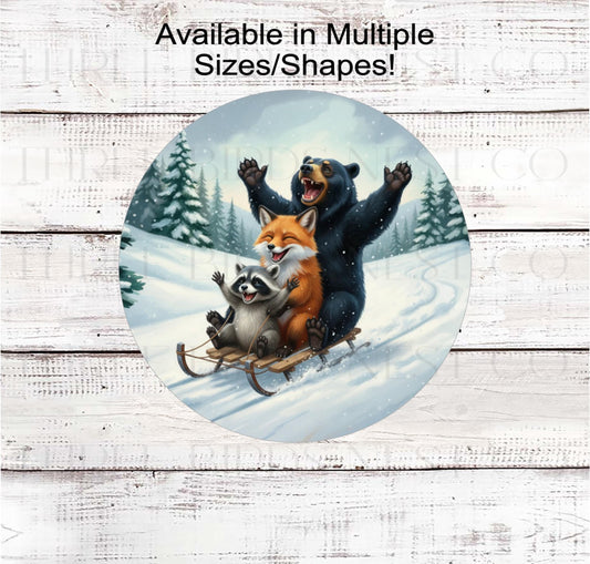 Winter Wreath Sign, Snowday, Bear, Fox and Raccoon Lover, Sledding, Snow Much Fun- CW2212
