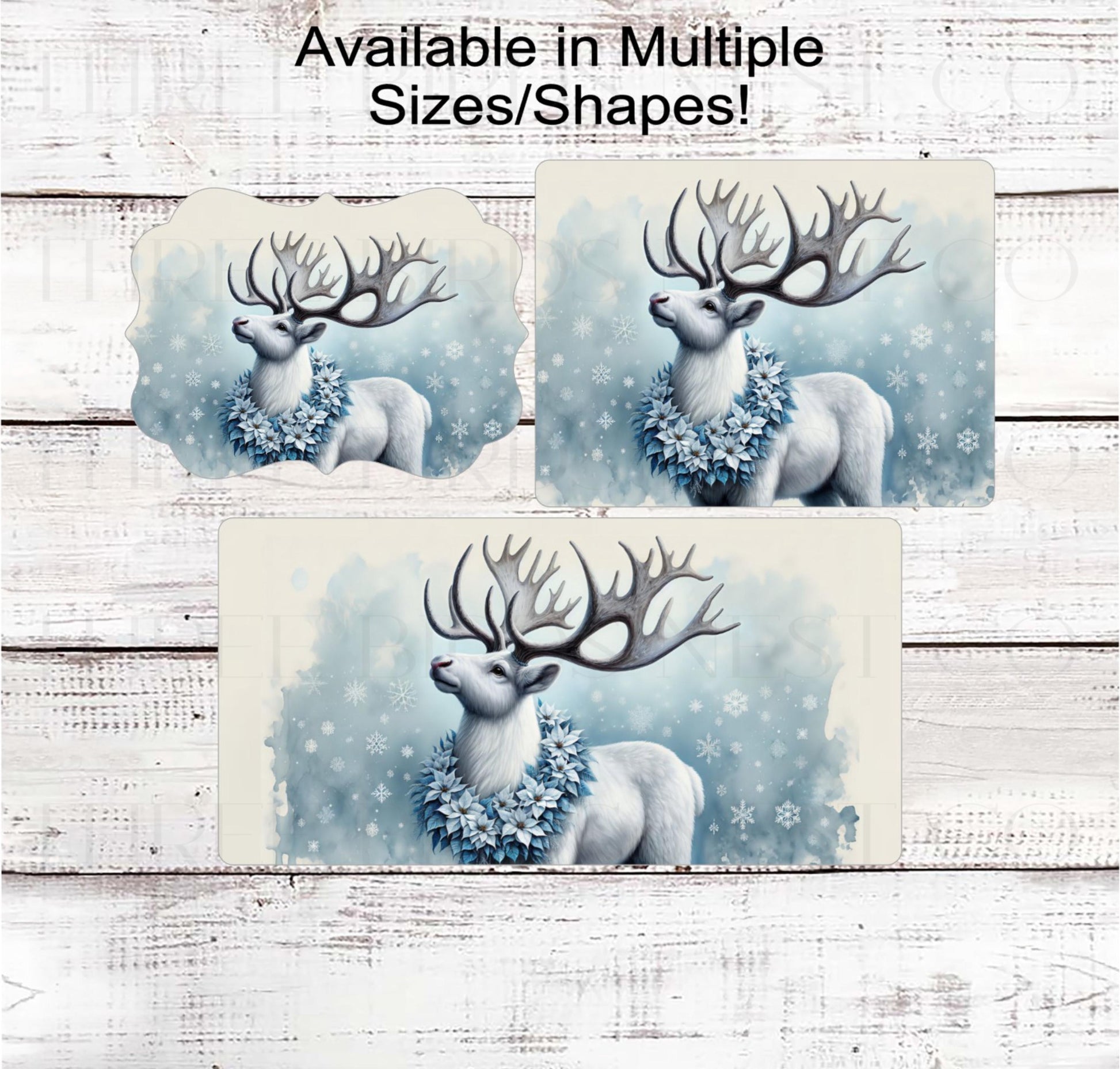 Winter Wreath Sign, Reindeer, Blue Christmas Poinsettias, Rustic Farmhouse, Cabin Decor- CW2214