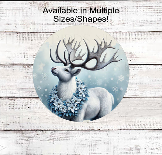Winter Wreath Sign, Reindeer, Blue Christmas Poinsettias, Rustic Farmhouse, Cabin Decor- CW2214