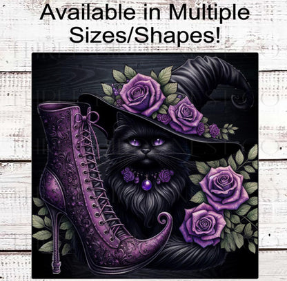 Halloween Wreath Signs, Black Cat Lover, Witch Boot, Roses Decor, Spooky Season- H2199