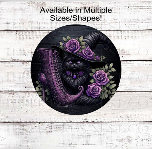 Halloween Wreath Signs, Black Cat Lover, Witch Boot, Roses Decor, Spooky Season- H2199
