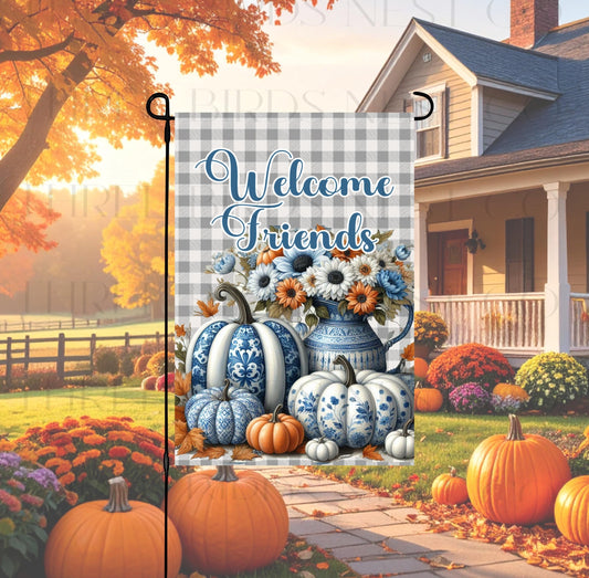 Chinoiserie Pumpkins Double-Sided Garden Flag, Fall Sunflowers, Primitive Autumn Decor