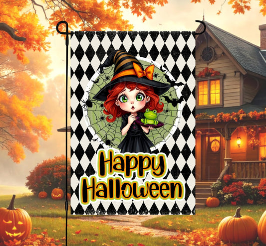 Halloween Witch Double-Sided Garden Flag, Frog Lover