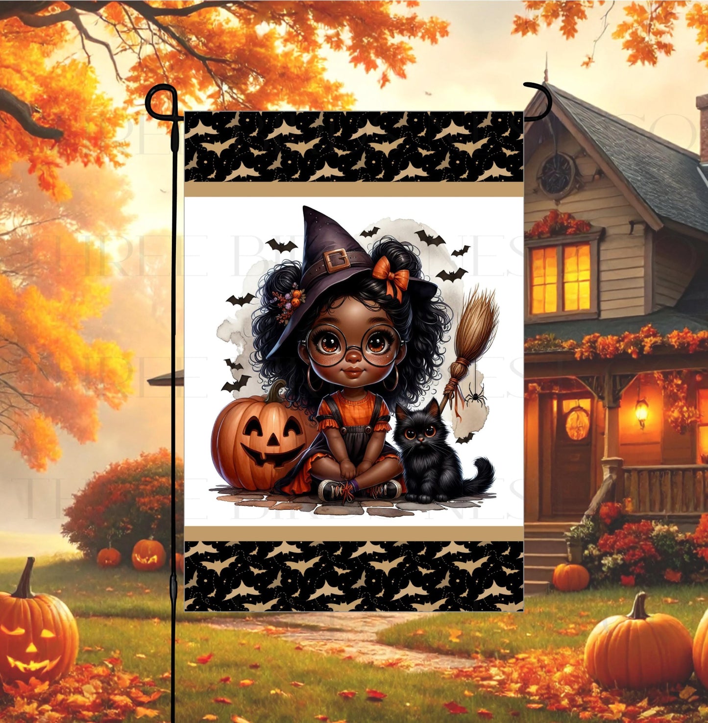 Halloween Double-Sided Garden Flag, Witch Lover, Frog Decor, African American Art