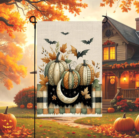 Halloween Double-Sided Garden Flag, Patchwork Pumpkins, Bats Decor