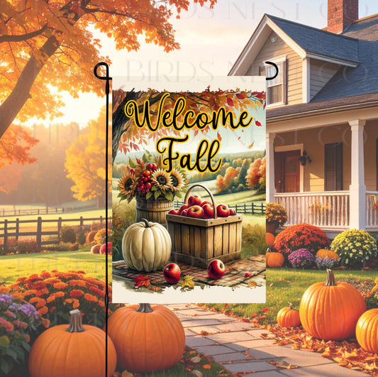 Welcome Fall Double-Sided Garden Flag, Apples Basket, White Pumpkin Decor, Sunflowers Lover