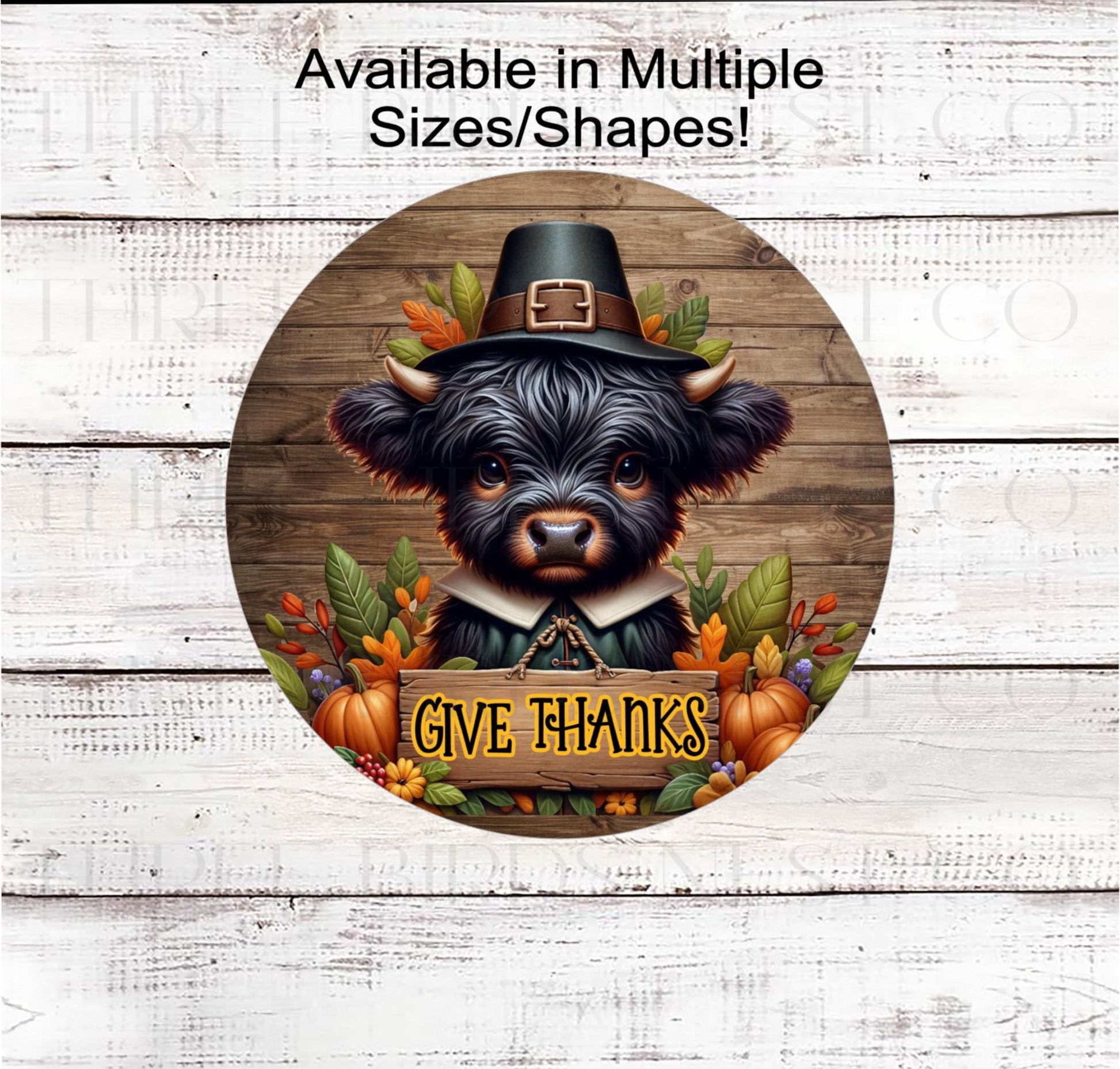 Fall Wreath Sign, Scottish Highland Cow, Give Thanks, Rustic Farmhouse, Thanksgiving Pigrim- FT2206