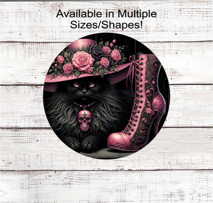Halloween Wreath Signs, Black Cat Lover, Witch Boot, Roses Decor, Pink in October- H2211