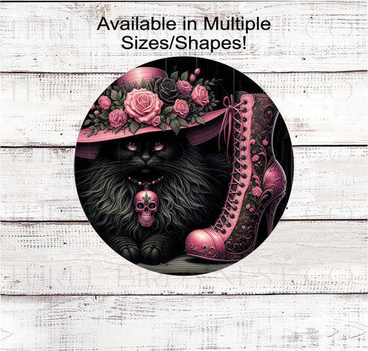 Halloween Wreath Signs, Black Cat Lover, Witch Boot, Roses Decor, Pink in October- H2211