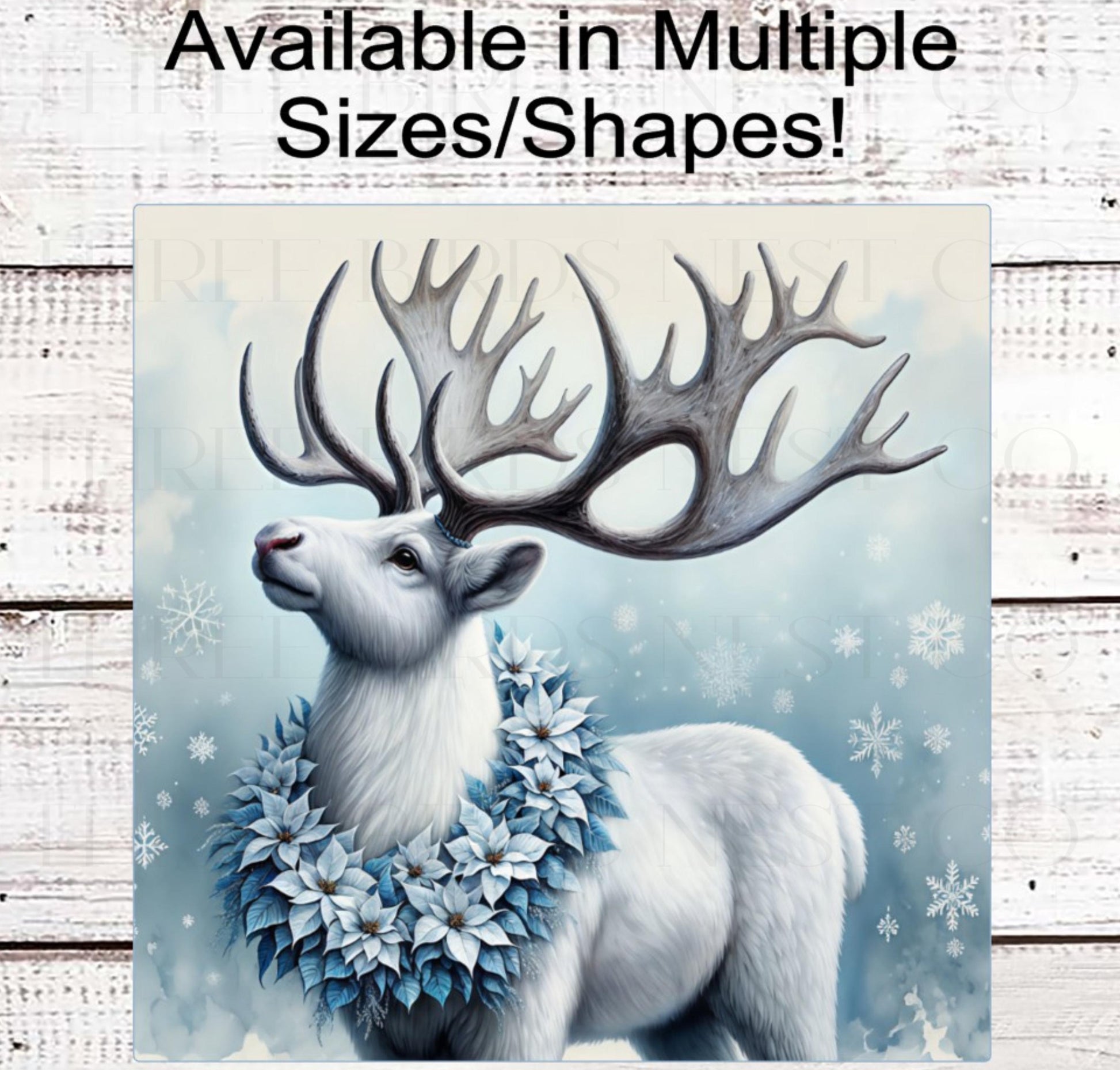 Winter Wreath Sign, Reindeer, Blue Christmas Poinsettias, Rustic Farmhouse, Cabin Decor- CW2214