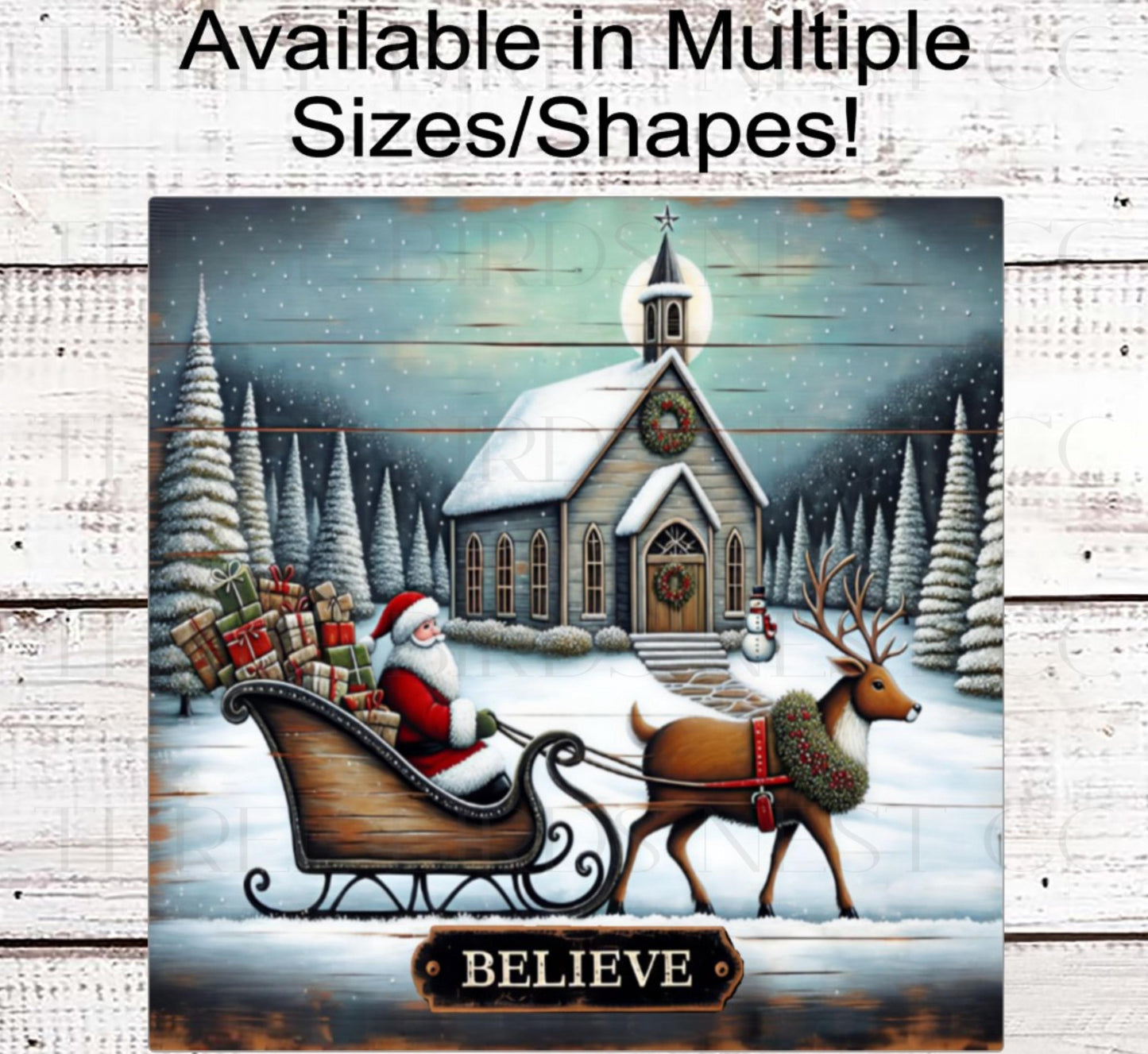 Christmas Wreath Sign, Primitive Church, Sleigh Decor, Rustic Farmhouse- CW2234