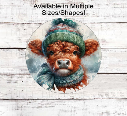 Winter Wreath Sign, Scottish Highland Cow, Snowflakes, Farmhouse Christmas- FT2236