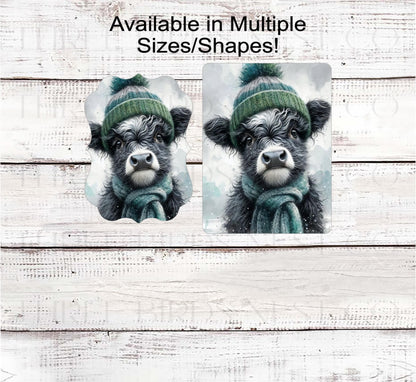 Winter Wreath Sign, Scottish Highland Cow, Snowflakes, Farmhouse Christmas- FT2237