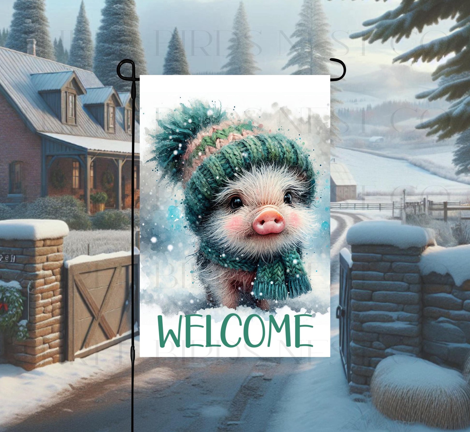Pig Double-Sided Garden Flag, Winter Welcome, Rustic Farmhouse