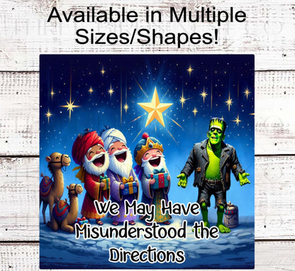 Nativity Wreath Signs, Funny Christmas, Frankencense Frankenstein Joke, Religious Gifts- CW2247