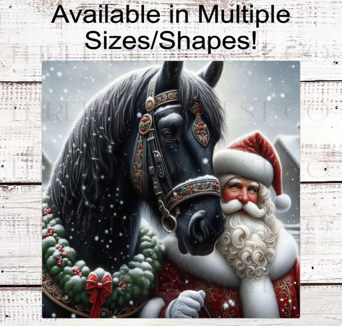 Christmas Wreath Sign, Santa Claus, Friesian Horse, Rustic Farmhouse Decor- CW2204