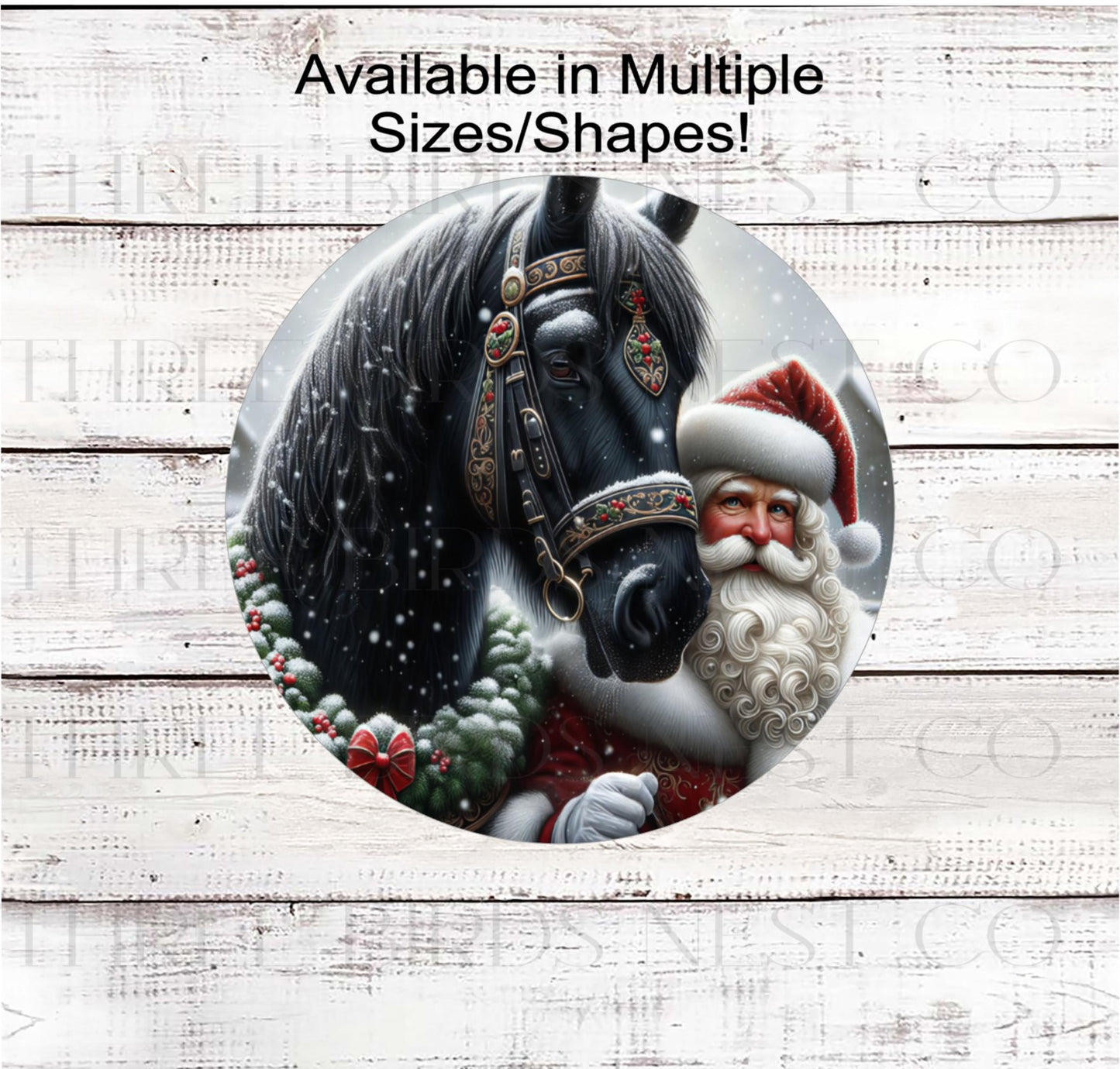 Christmas Wreath Sign, Santa Claus, Friesian Horse, Rustic Farmhouse Decor- CW2204