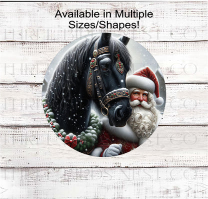 Christmas Wreath Sign, Santa Claus, Friesian Horse, Rustic Farmhouse Decor- CW2204
