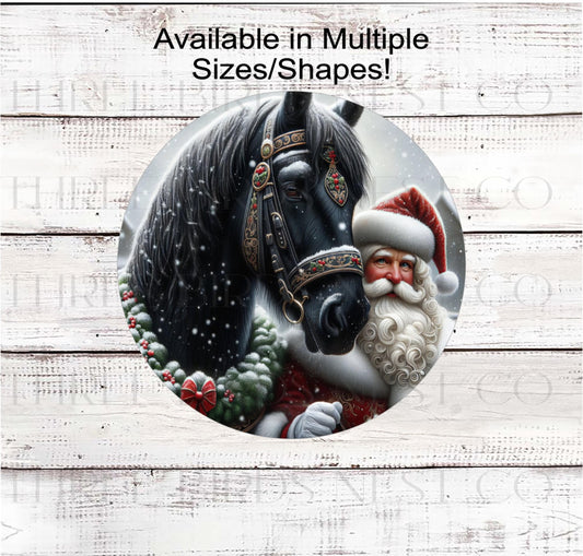 Christmas Wreath Sign, Santa Claus, Friesian Horse, Rustic Farmhouse Decor- CW2204