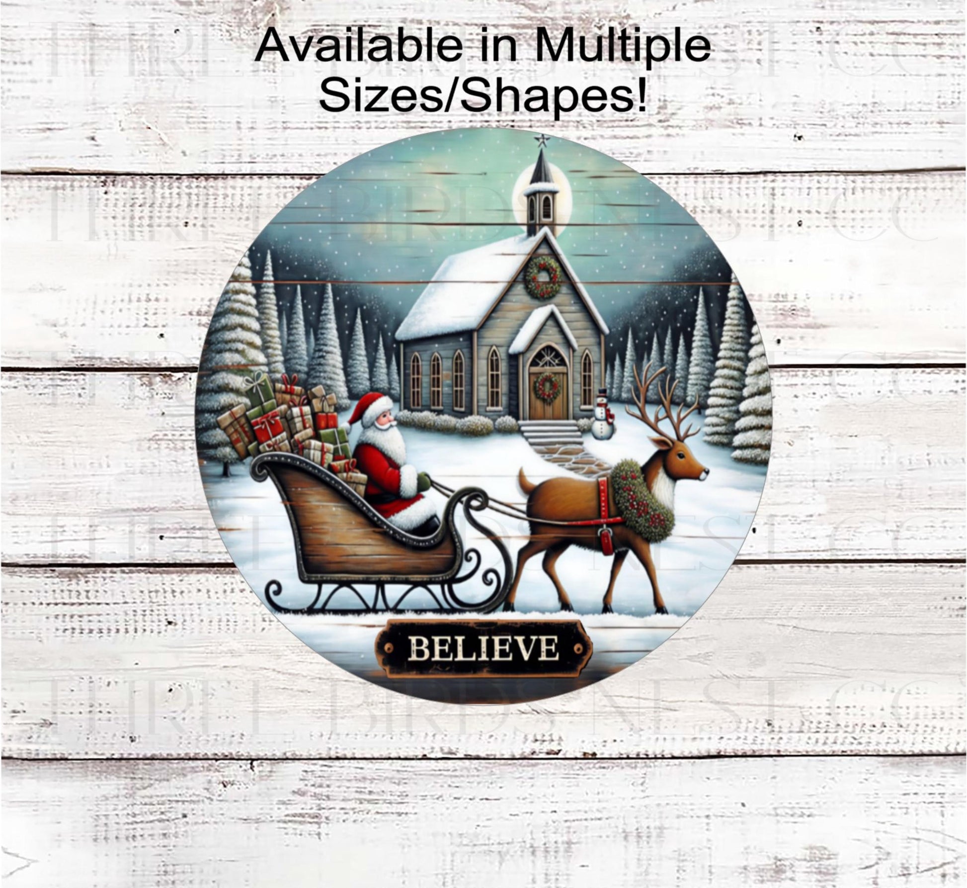 Christmas Wreath Sign, Primitive Church, Sleigh Decor, Rustic Farmhouse- CW2234