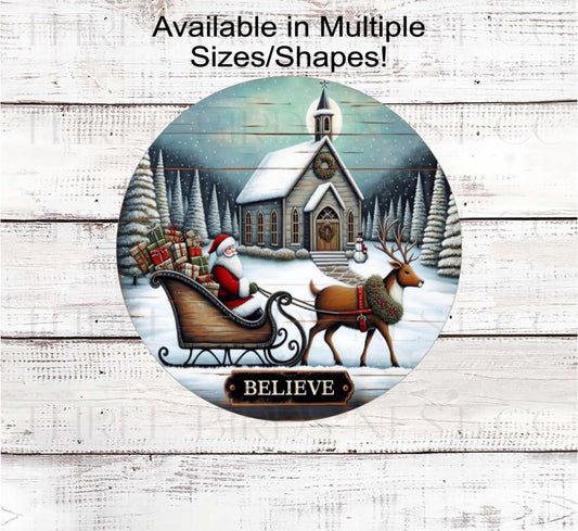 Christmas Wreath Sign, Primitive Church, Sleigh Decor, Rustic Farmhouse- CW2234