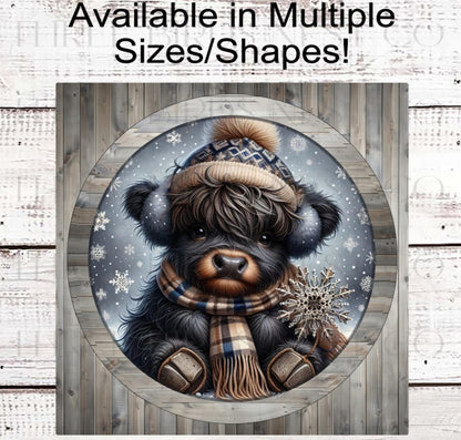 Christmas Wreath Sign, Scottish Highland Cow, Snowflakes, Rustic Farmhouse, Winter- FT2235