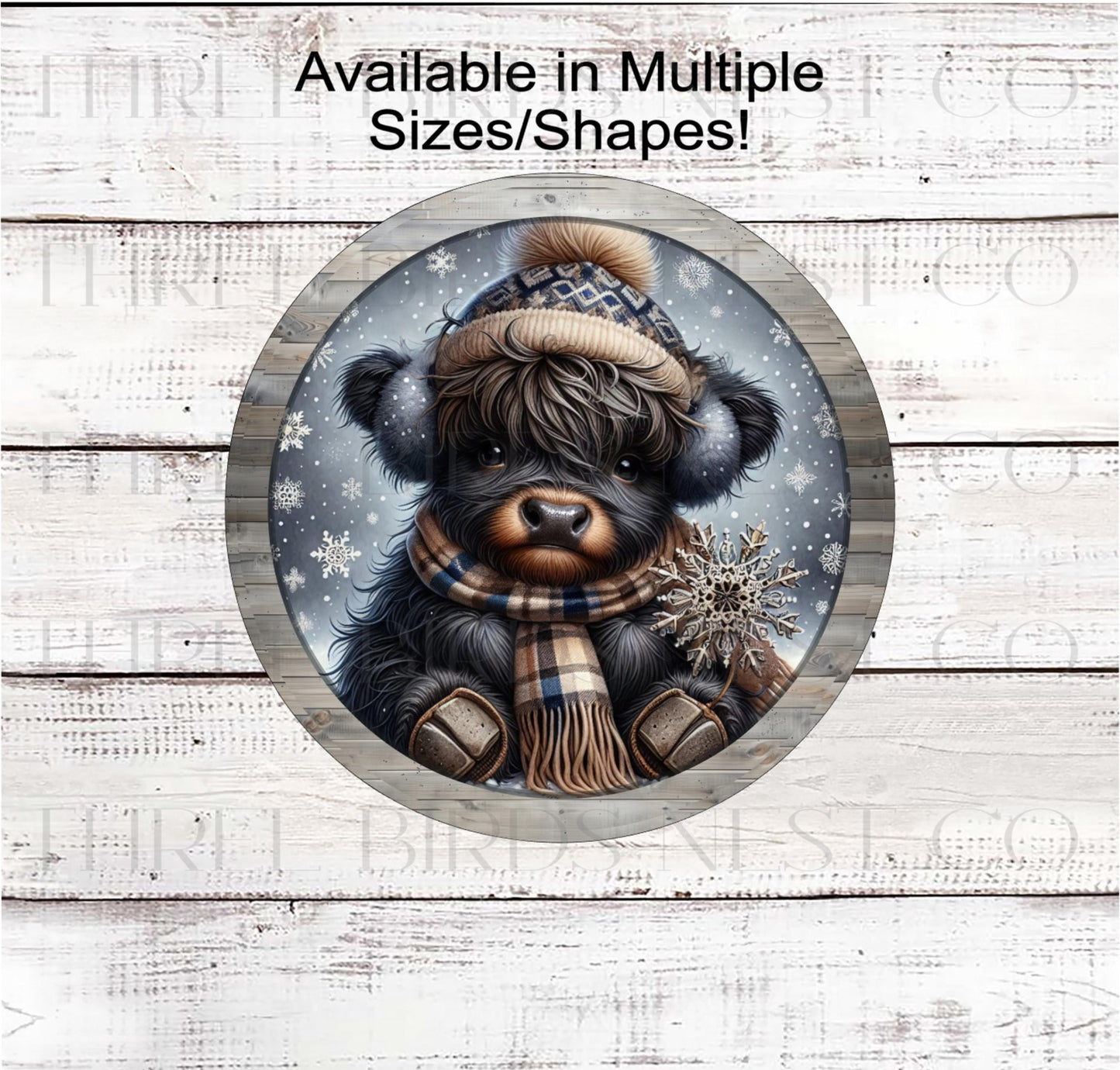 Christmas Wreath Sign, Scottish Highland Cow, Snowflakes, Rustic Farmhouse, Winter- FT2235