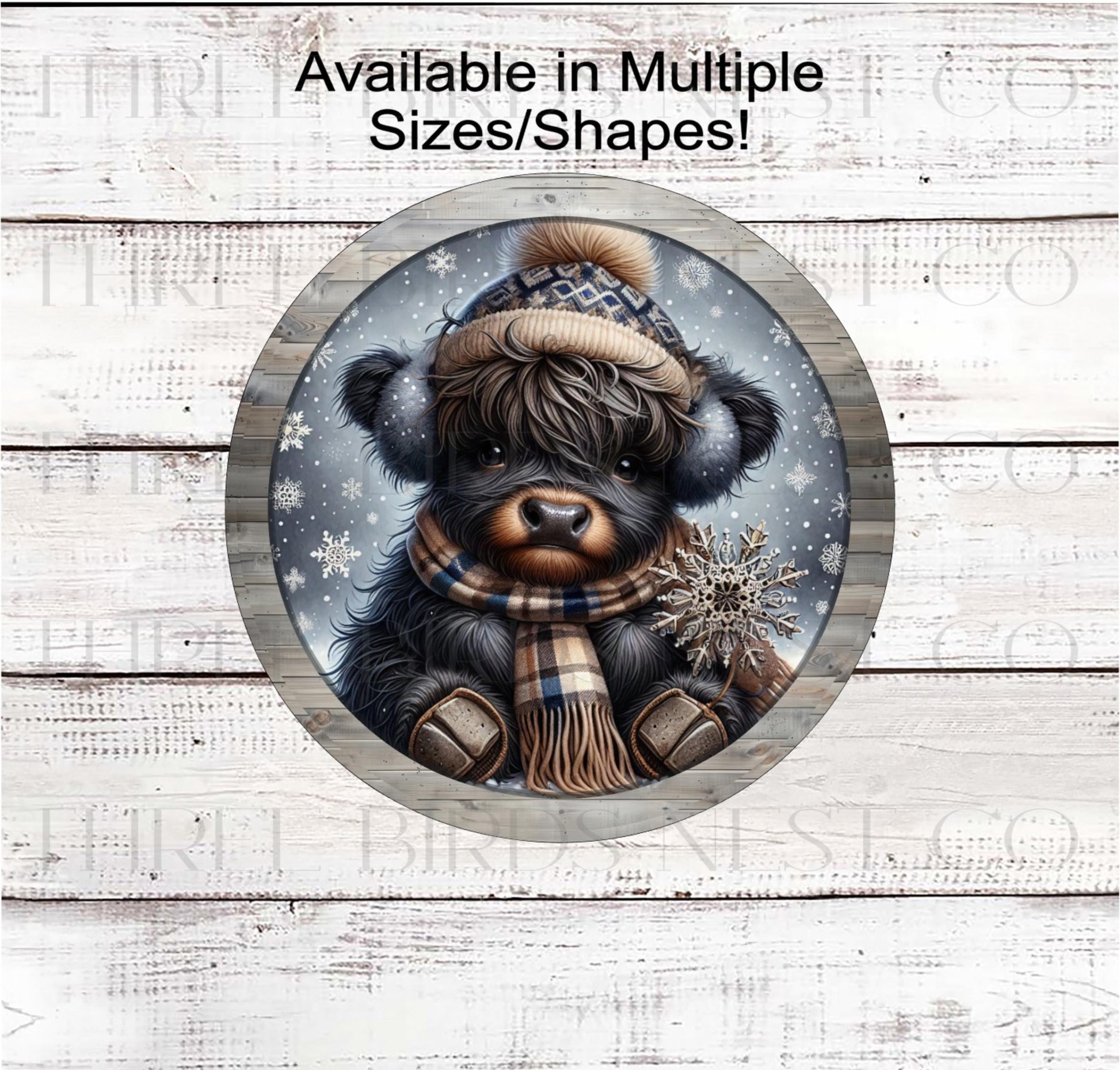 Christmas Wreath Sign, Scottish Highland Cow, Snowflakes, Rustic Farmhouse, Winter- FT2235