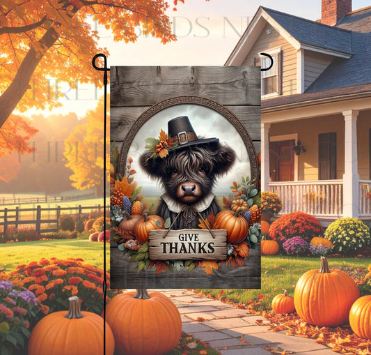 Fall Double-Sided Garden Flag, Give Thanks, Scottish Highland Cow Lover