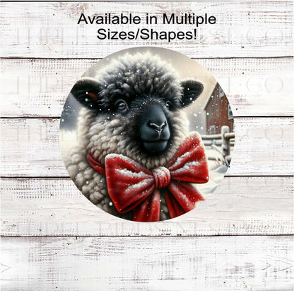 Christmas Wreath Sign, Scottish Black-Nosed Sheep, Winter Snow, Rustic Farmhouse- FT2256