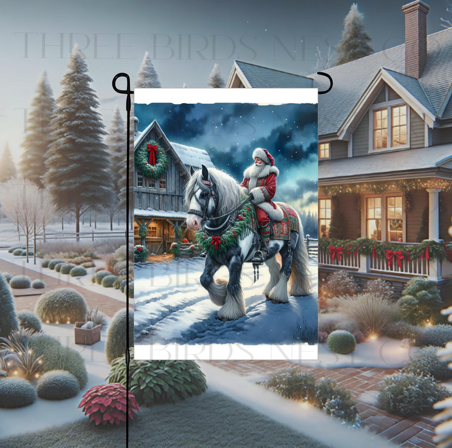 Christmas Double-Sided Garden Flag, Santa Claus and the Gypsy Vanner Horse, Rustic Farmhouse