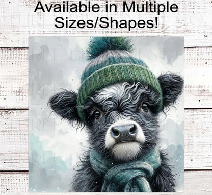 Winter Wreath Sign, Scottish Highland Cow, Snowflakes, Farmhouse Christmas- FT2237