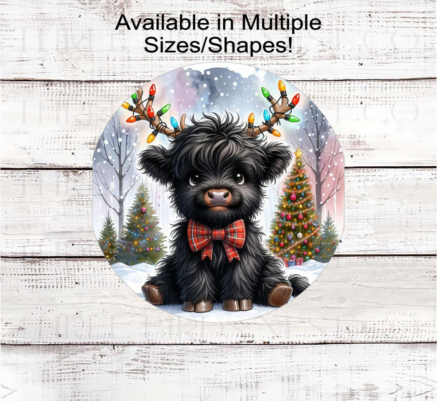 Christmas Wreath Sign, Scottish Highland Cow, Christmas Lights Antlers, Farm Animals- FT2239