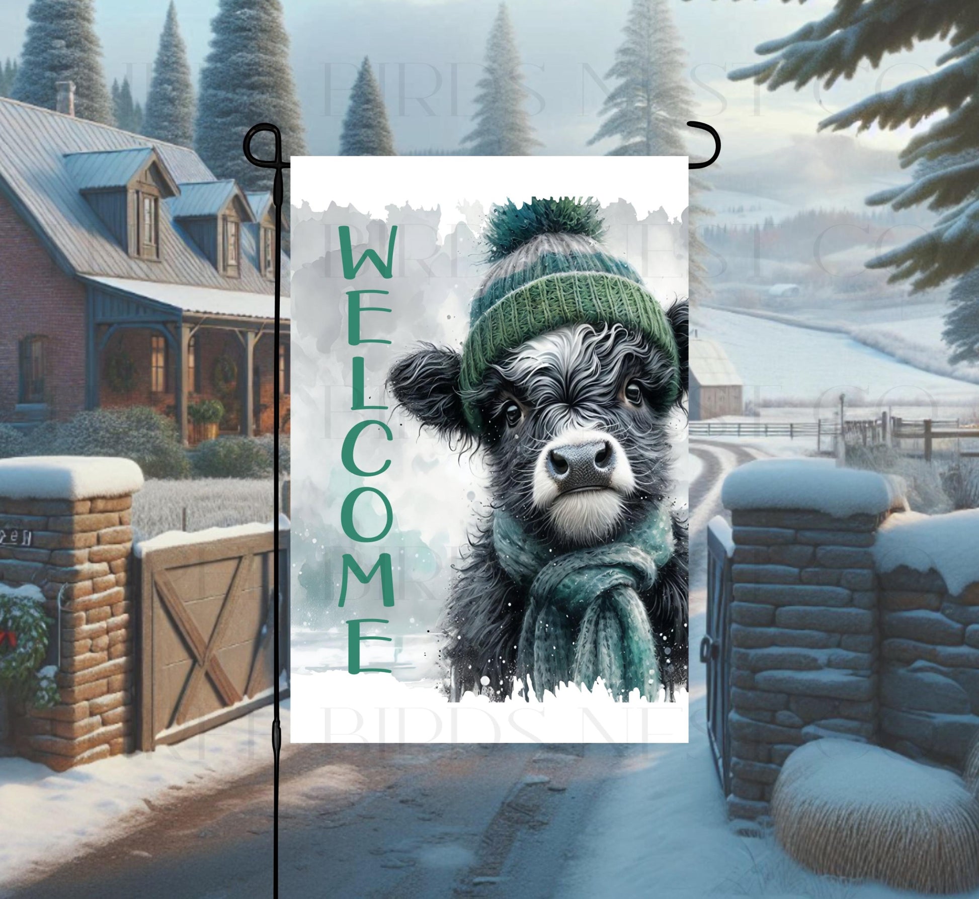 Cow Double-Sided Garden Flag, Winter Welcome, Rustic Farmhouse